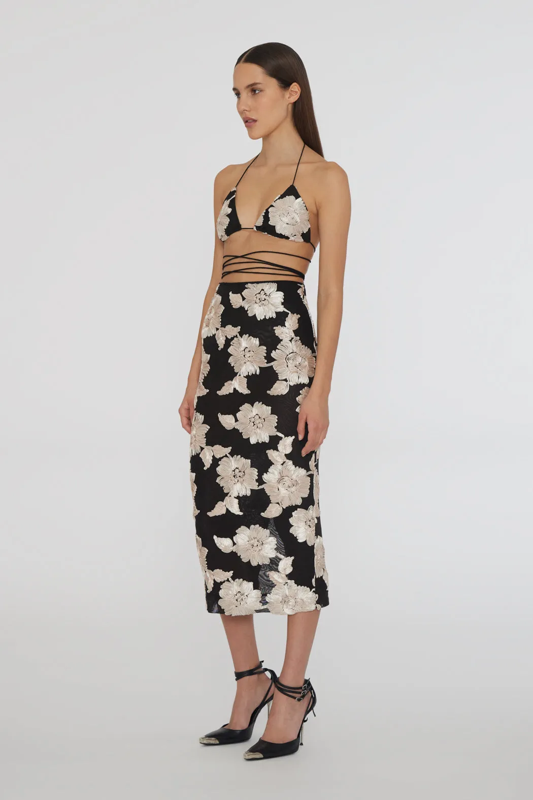 FLOWER MESH MIDI SKIRT