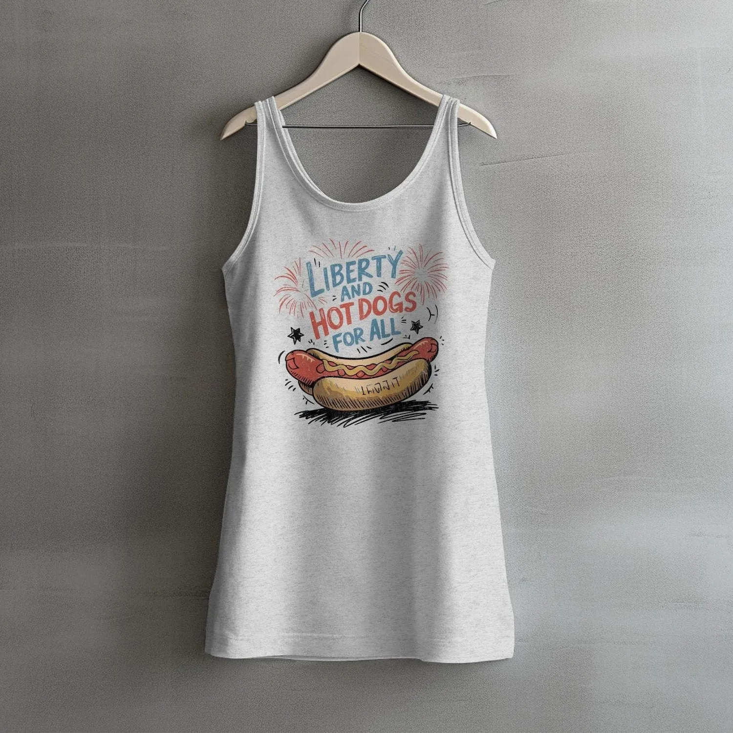 Funny Hot Dog T-Shirt, Liberty and Hot Dogs For All Tee, Patriotic Foodie Shirt, July 4th Celebration Apparel, Summer BBQ Tank Top