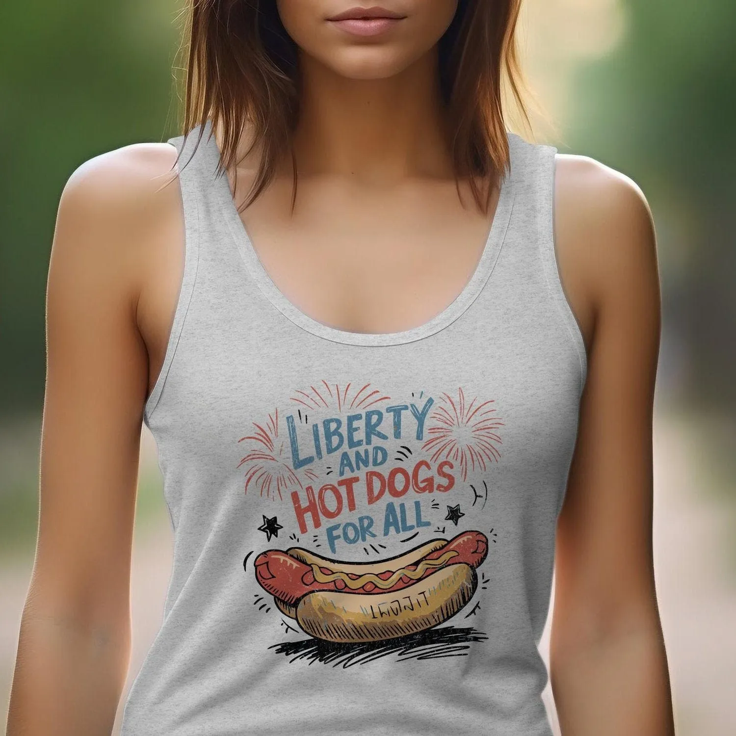 Funny Hot Dog T-Shirt, Liberty and Hot Dogs For All Tee, Patriotic Foodie Shirt, July 4th Celebration Apparel, Summer BBQ Tank Top