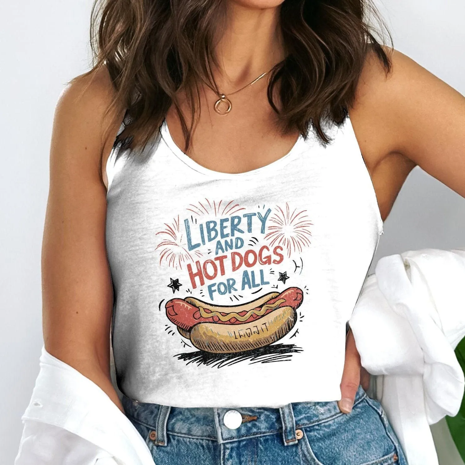 Funny Hot Dog T-Shirt, Liberty and Hot Dogs For All Tee, Patriotic Foodie Shirt, July 4th Celebration Apparel, Summer BBQ Tank Top