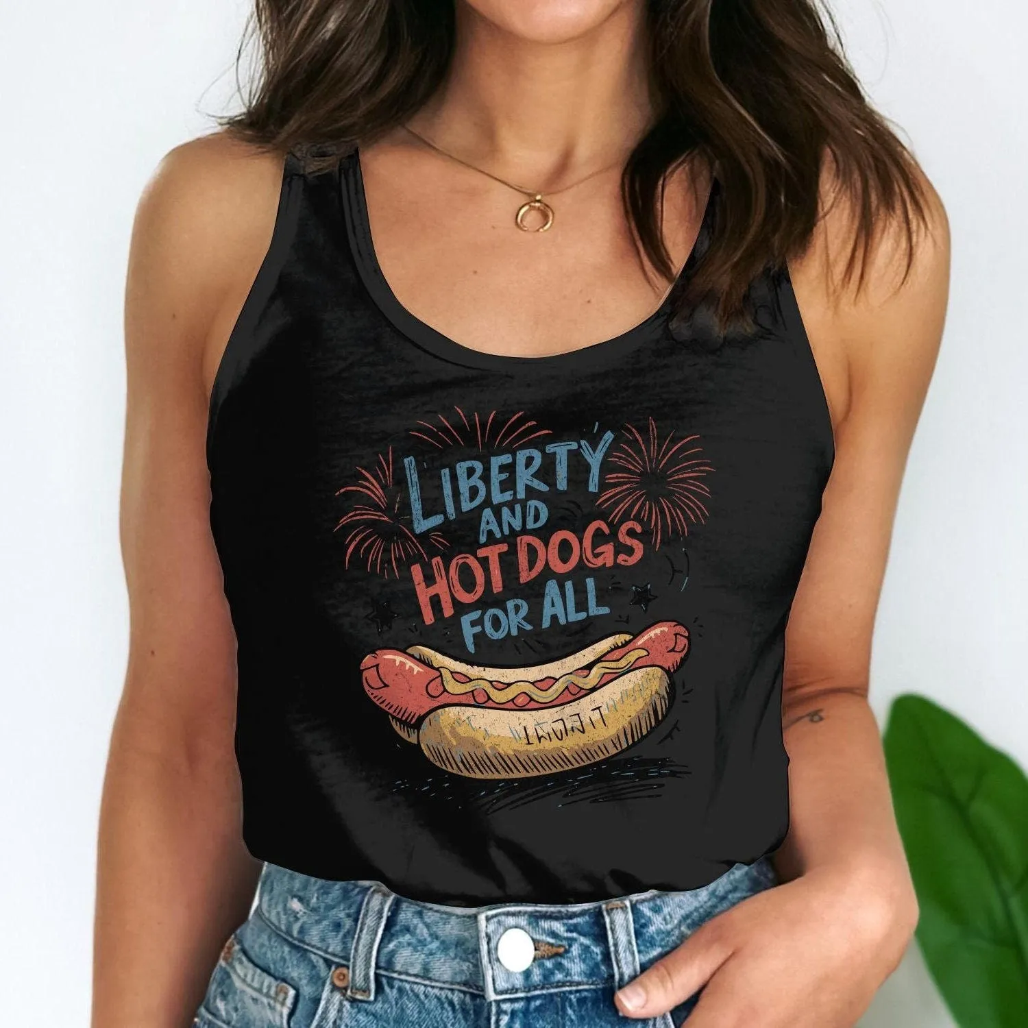 Funny Hot Dog T-Shirt, Liberty and Hot Dogs For All Tee, Patriotic Foodie Shirt, July 4th Celebration Apparel, Summer BBQ Tank Top