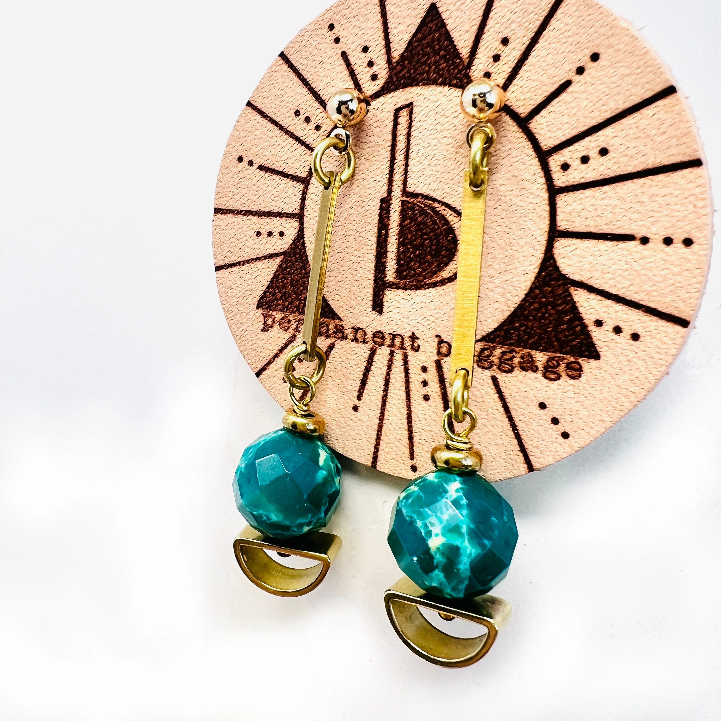 Geometric Brass Dangle Earring With Rich Marbled Green Jasper Stone