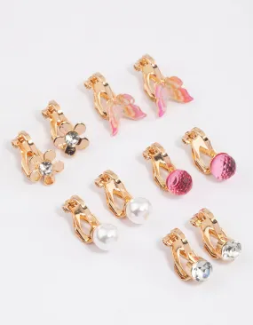 Gold Flower & Butterfly Clip On Earrings 5-Pack