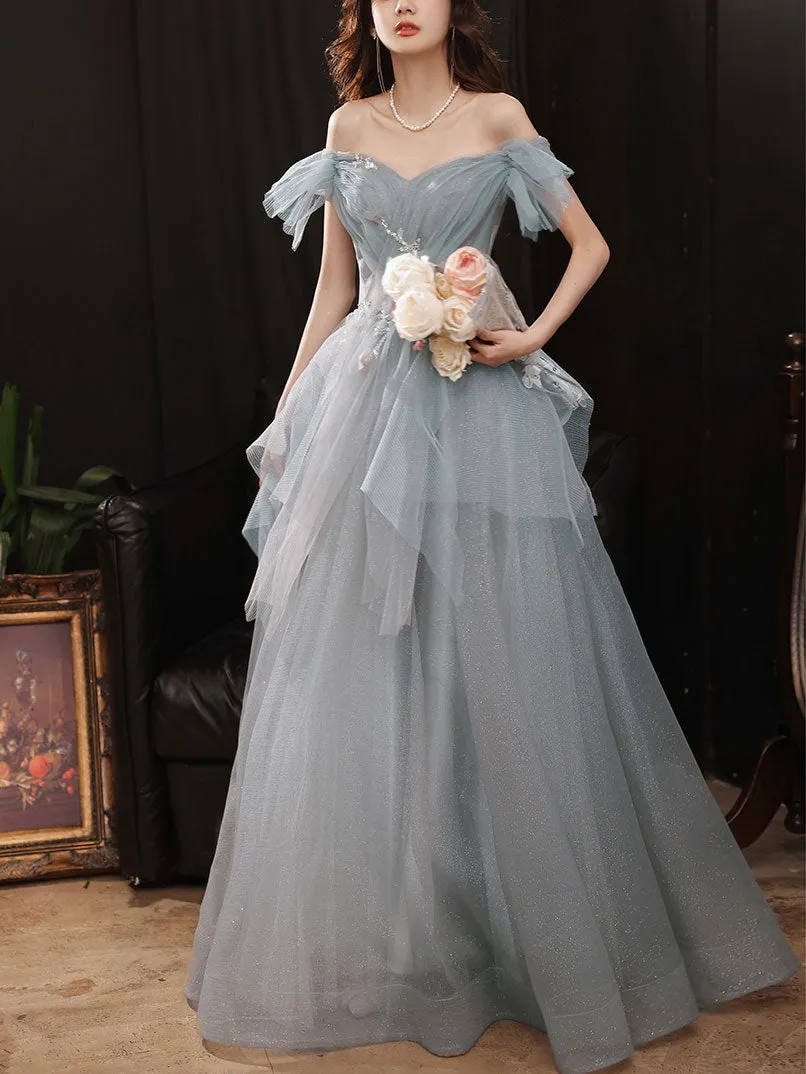 Gray Blue Sweetheart Neck Tulle Long Prom Dress Gray Evening Dress