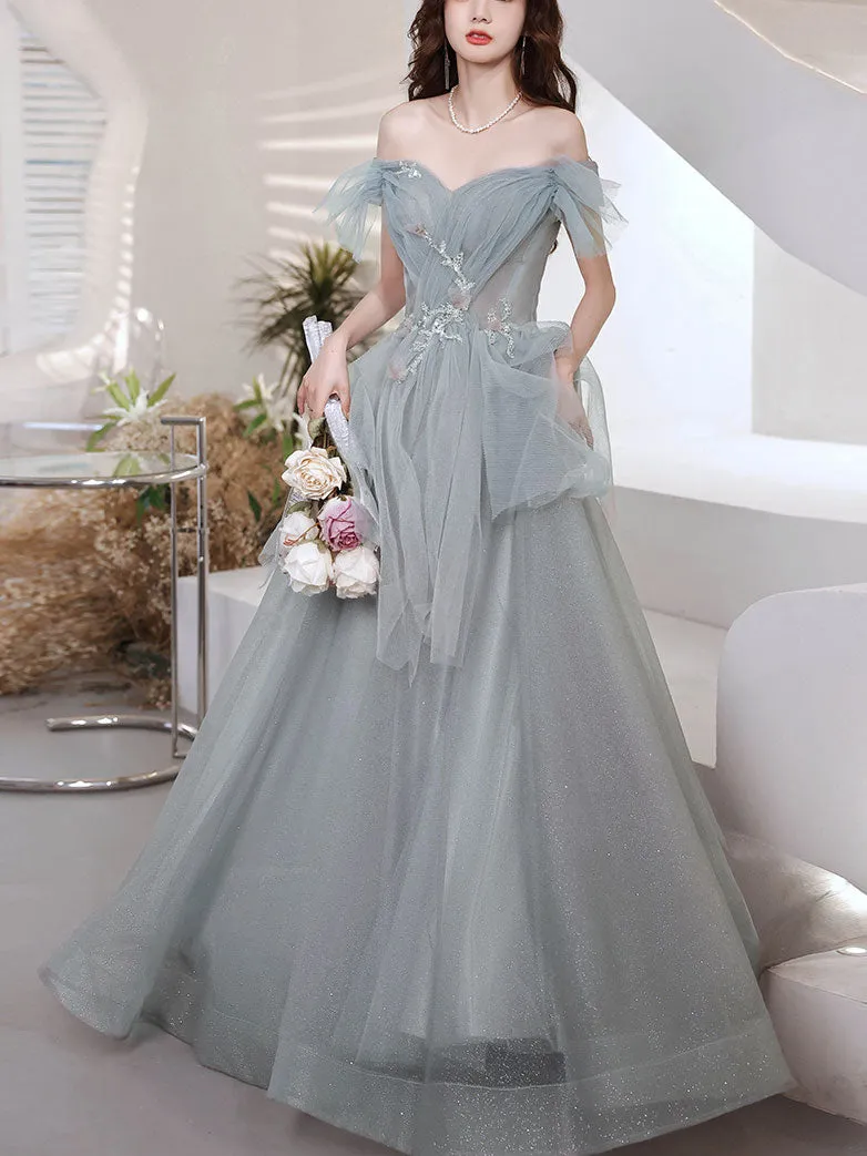Gray Blue Sweetheart Neck Tulle Long Prom Dress Gray Evening Dress