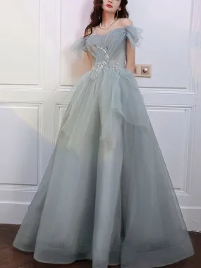 Gray Blue Sweetheart Neck Tulle Long Prom Dress Gray Evening Dress