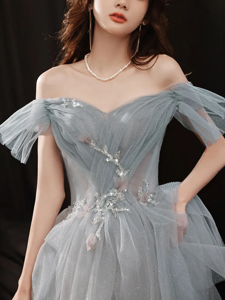 Gray Blue Sweetheart Neck Tulle Long Prom Dress Gray Evening Dress