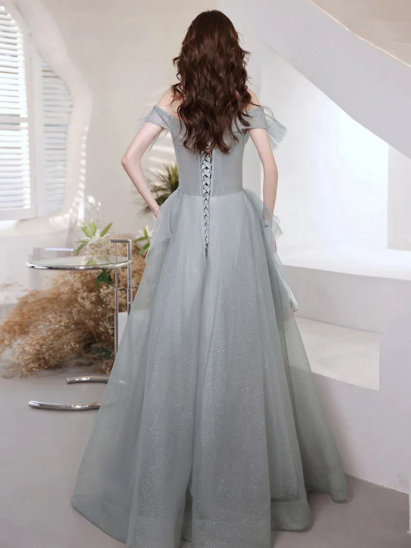 Gray Blue Sweetheart Neck Tulle Long Prom Dress Gray Evening Dress