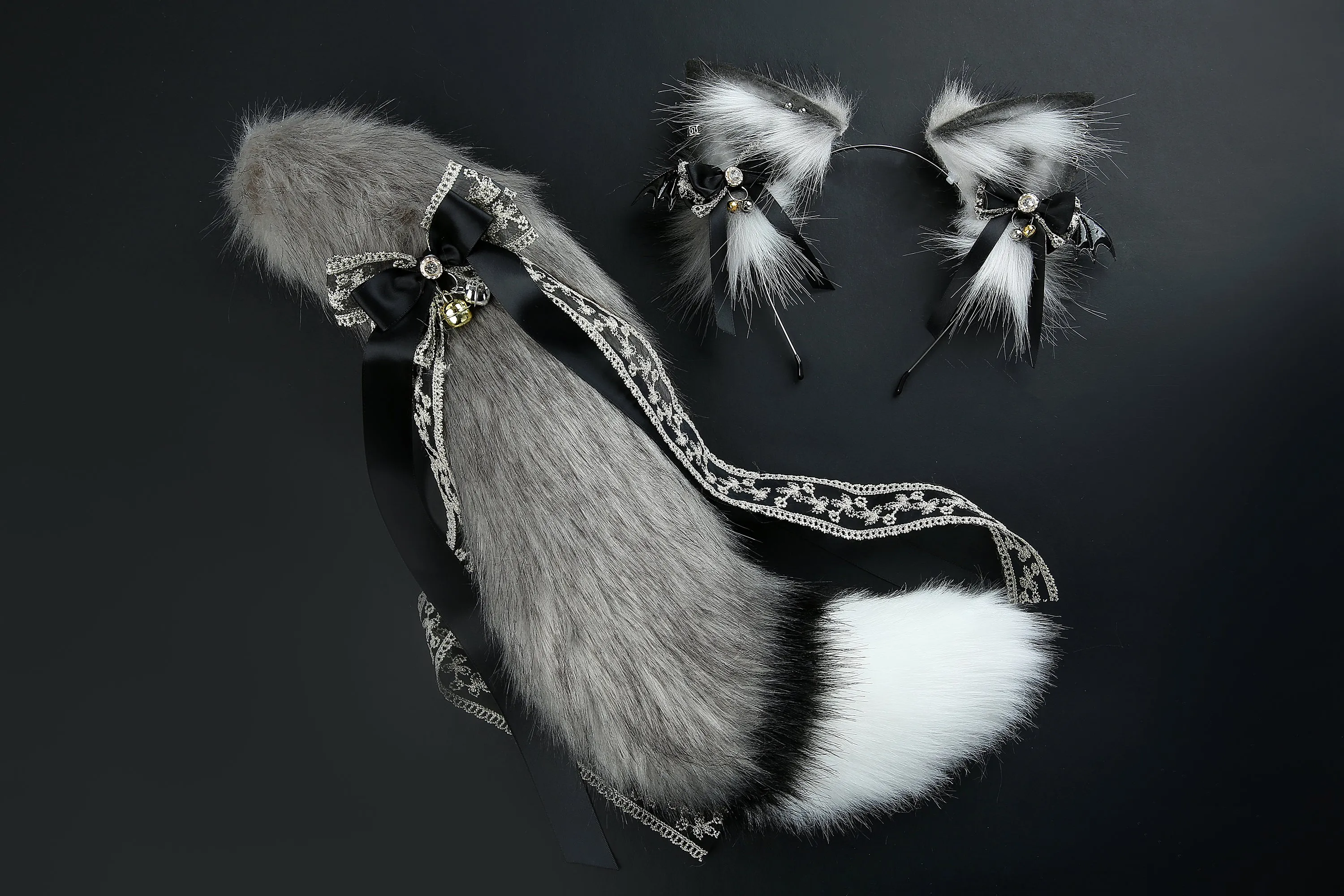 Gray white faux fur fox tail plug and ear wolf tail buttplug and ear kitten ear and tail plug set curved tail and ear plug cosplay -mature