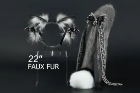 Gray white faux fur fox tail plug and ear wolf tail buttplug and ear kitten ear and tail plug set curved tail and ear plug cosplay -mature