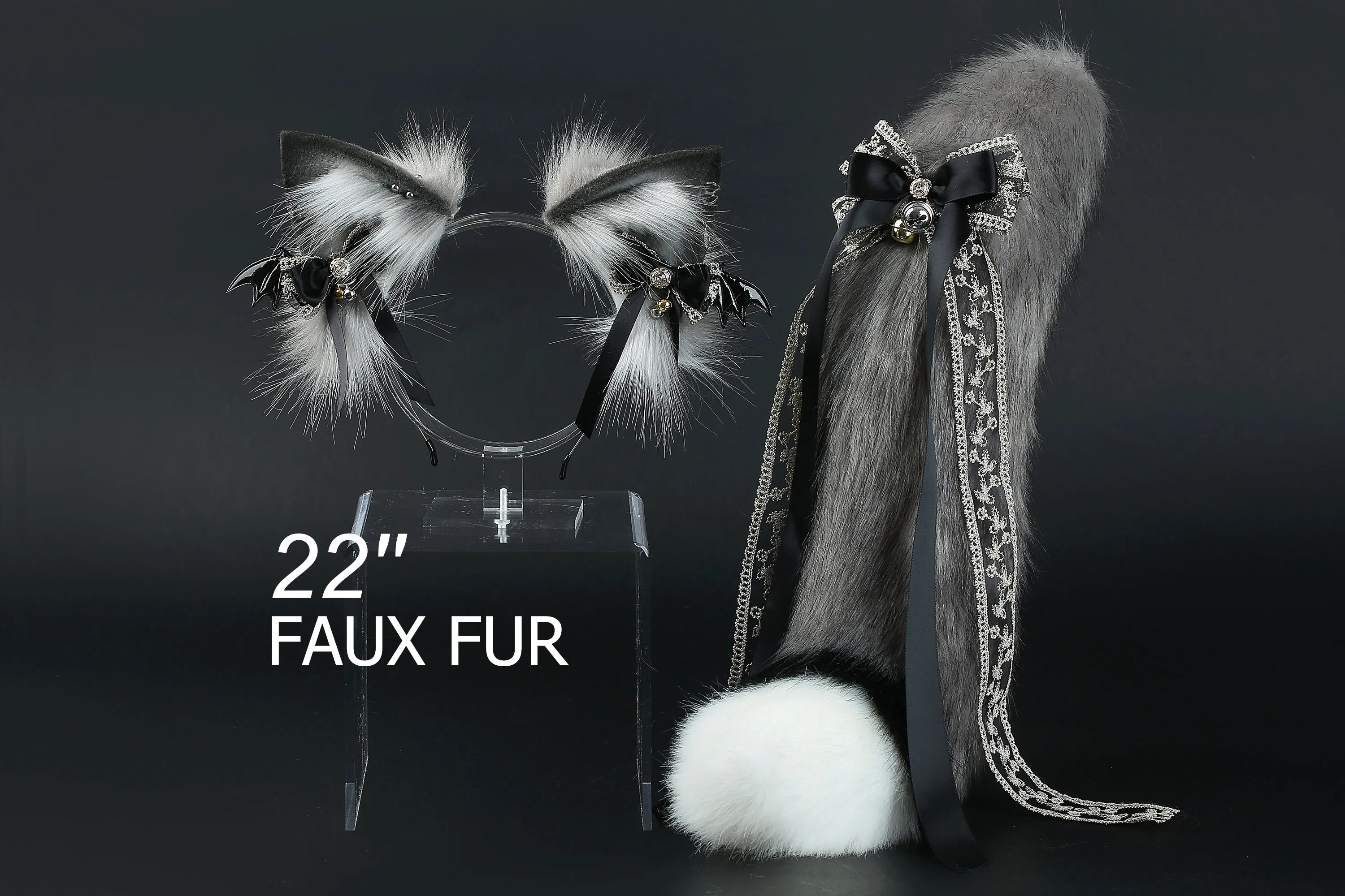 Gray white faux fur fox tail plug and ear wolf tail buttplug and ear kitten ear and tail plug set curved tail and ear plug cosplay -mature