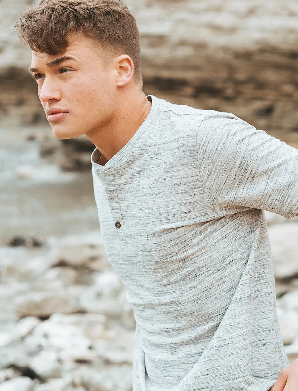 Greville Space Dye Henley T-Shirt in Ice Grey Marl / Raven Grey- Tokyo Laundry