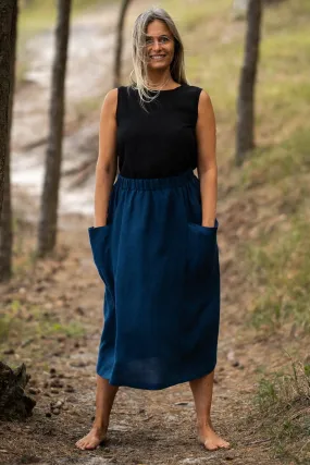 High Waist Deep Pockets MIDI Linen Skirt In Midnight Blue