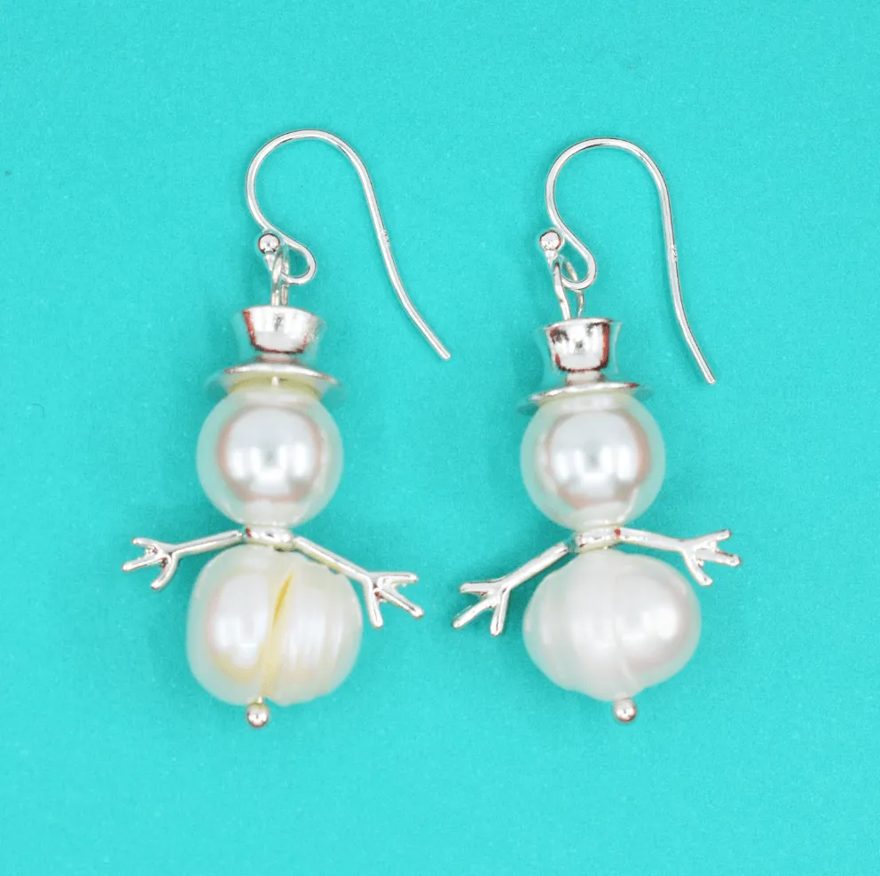 Holiday Snowman Pearl Drop Earrings