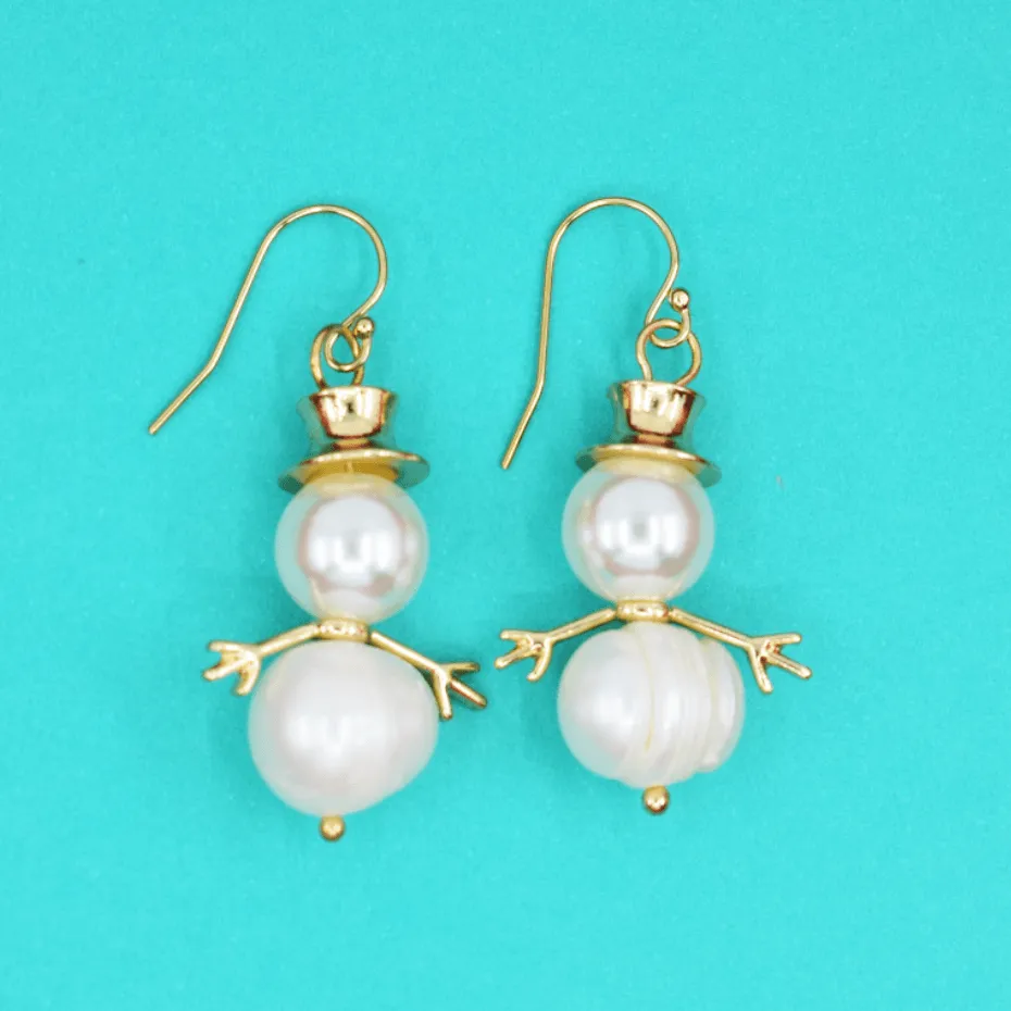 Holiday Snowman Pearl Drop Earrings