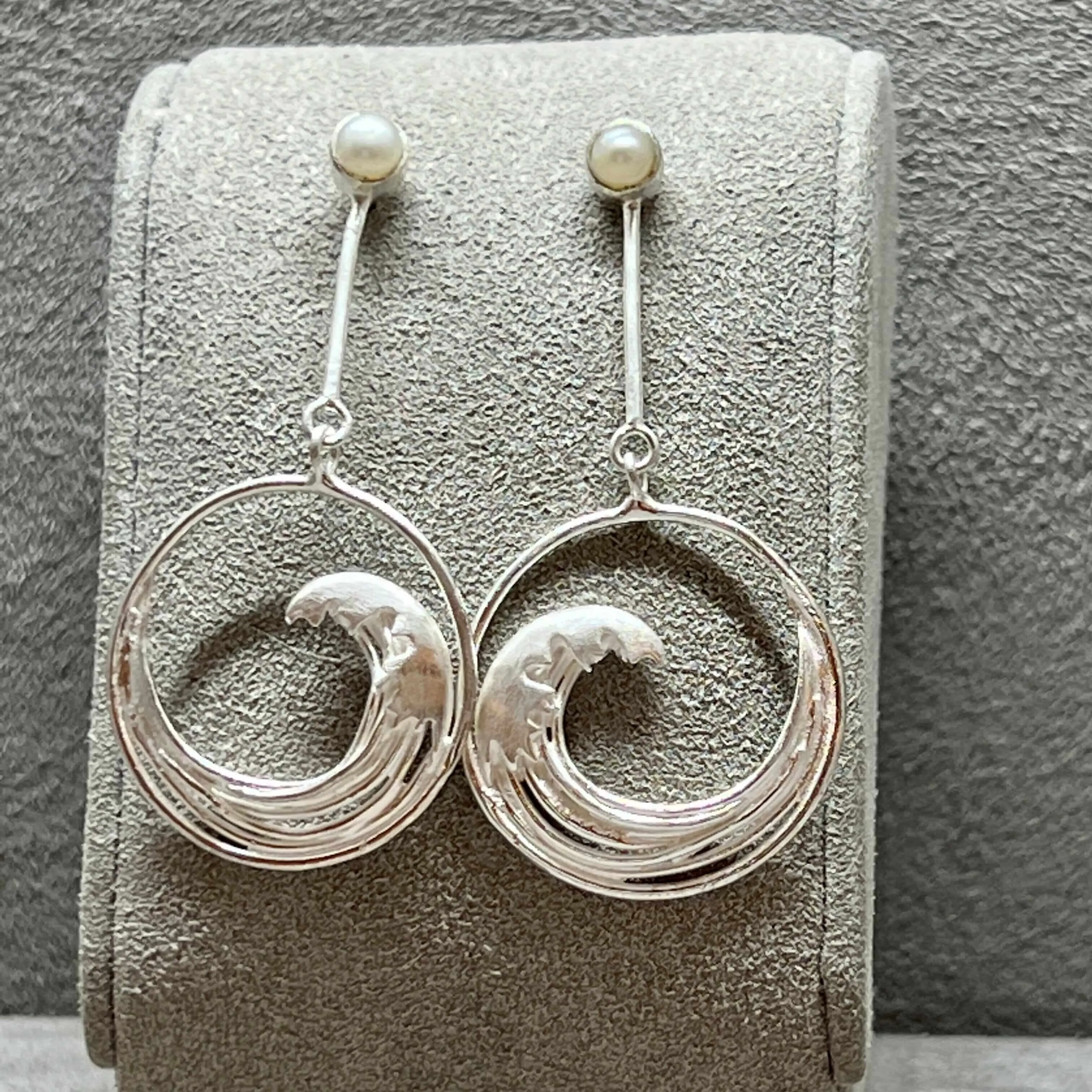 Japanese Inspired Hokusai The Great Wave Sterling Silver & Pearl Long Earrings