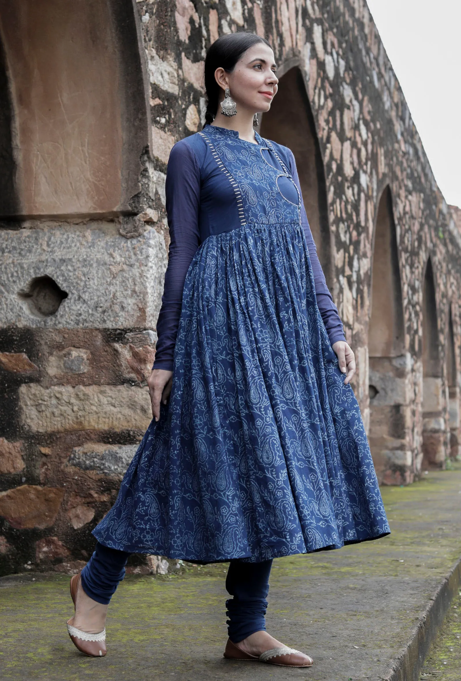 Jemin Indigo Cotton Hand Block Printed Pishwas Style Kurta Dress