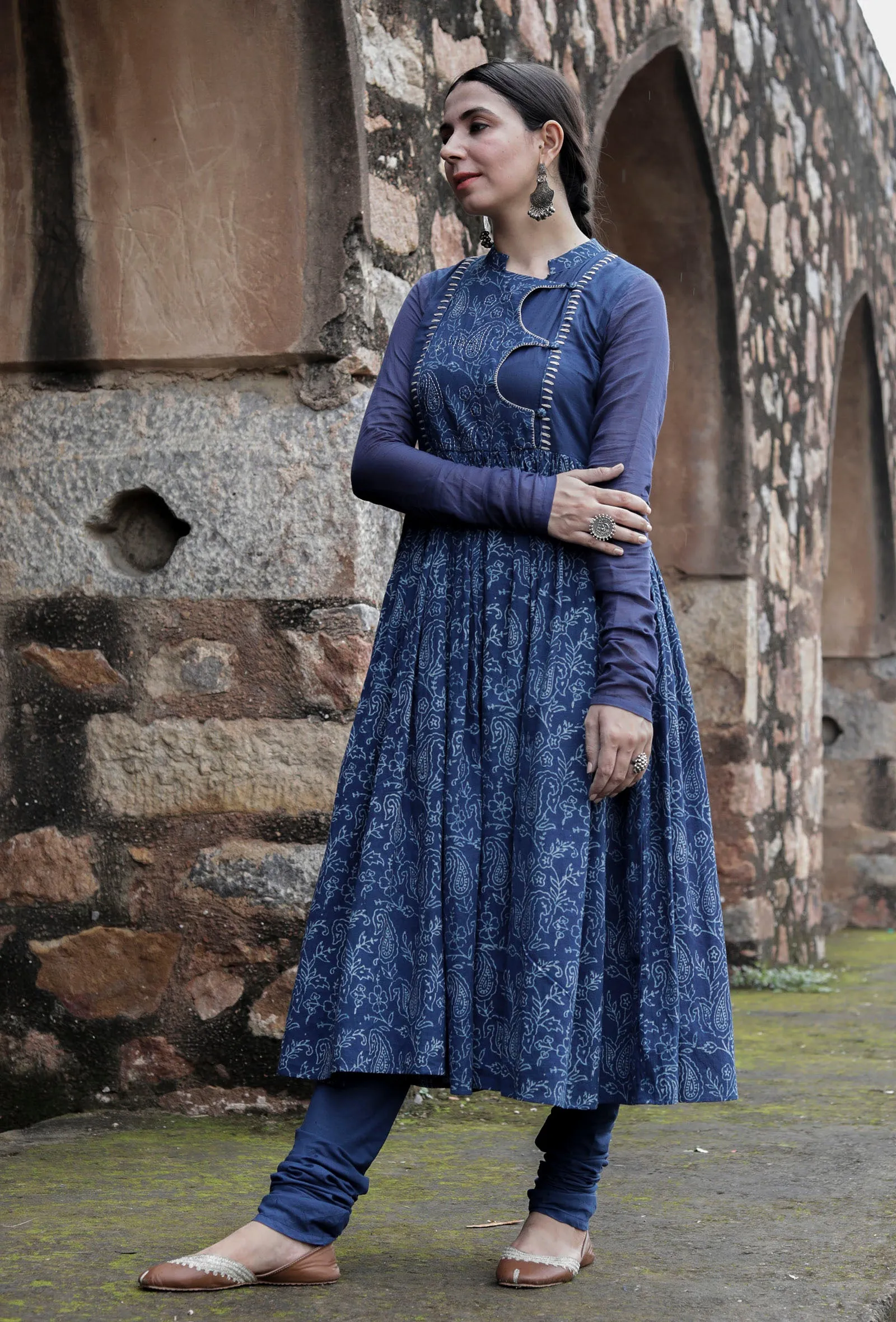 Jemin Indigo Cotton Hand Block Printed Pishwas Style Kurta Dress
