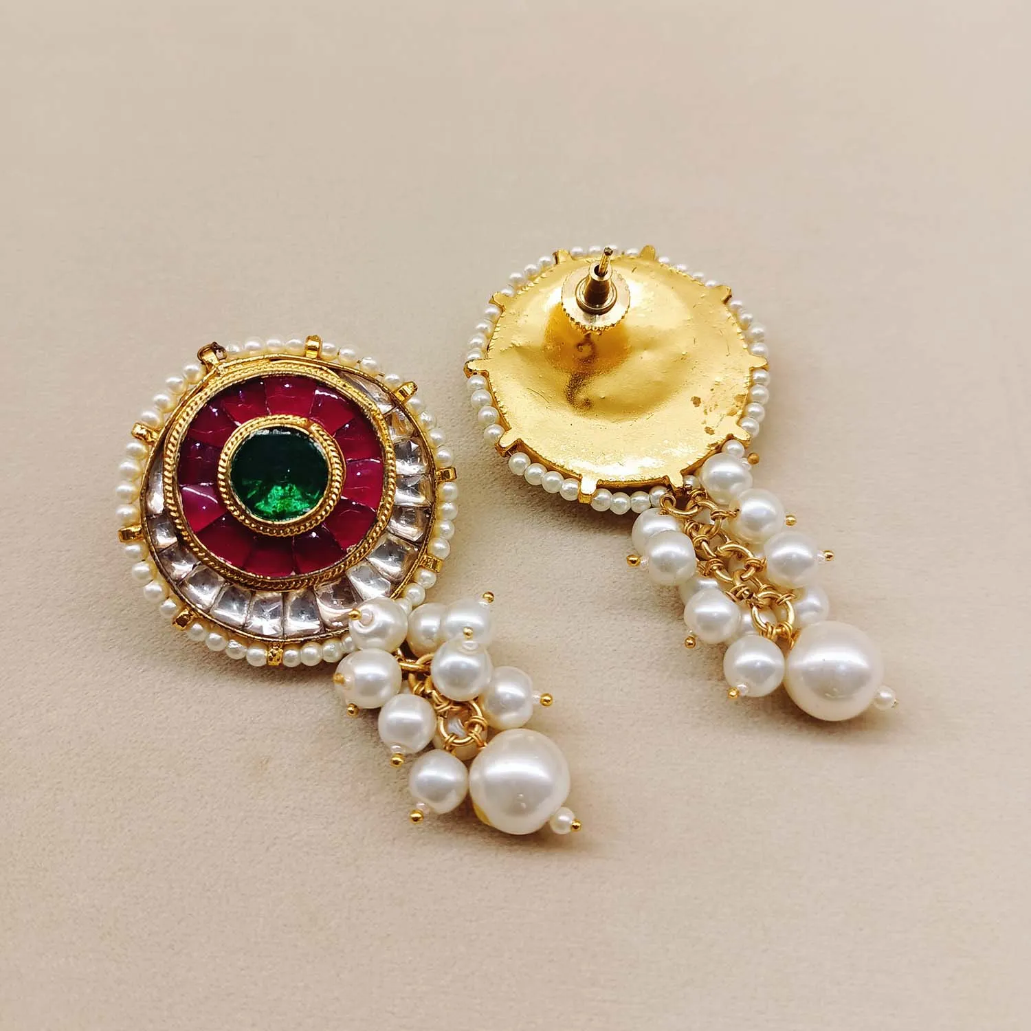 Karuna Rose Pink & Green Gold Plated Kundan Earrings