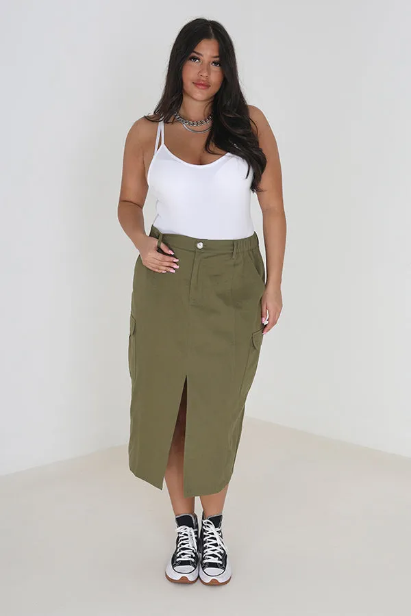 KHAKI PLUS SIZE CARGO STYLE DENIM MIDI SKIRT