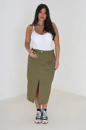 KHAKI PLUS SIZE CARGO STYLE DENIM MIDI SKIRT