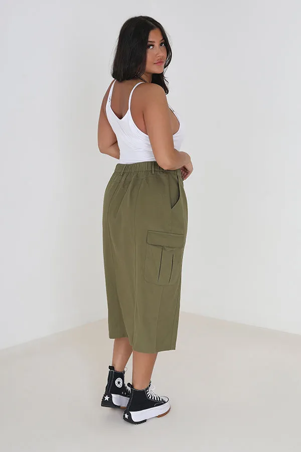 KHAKI PLUS SIZE CARGO STYLE DENIM MIDI SKIRT