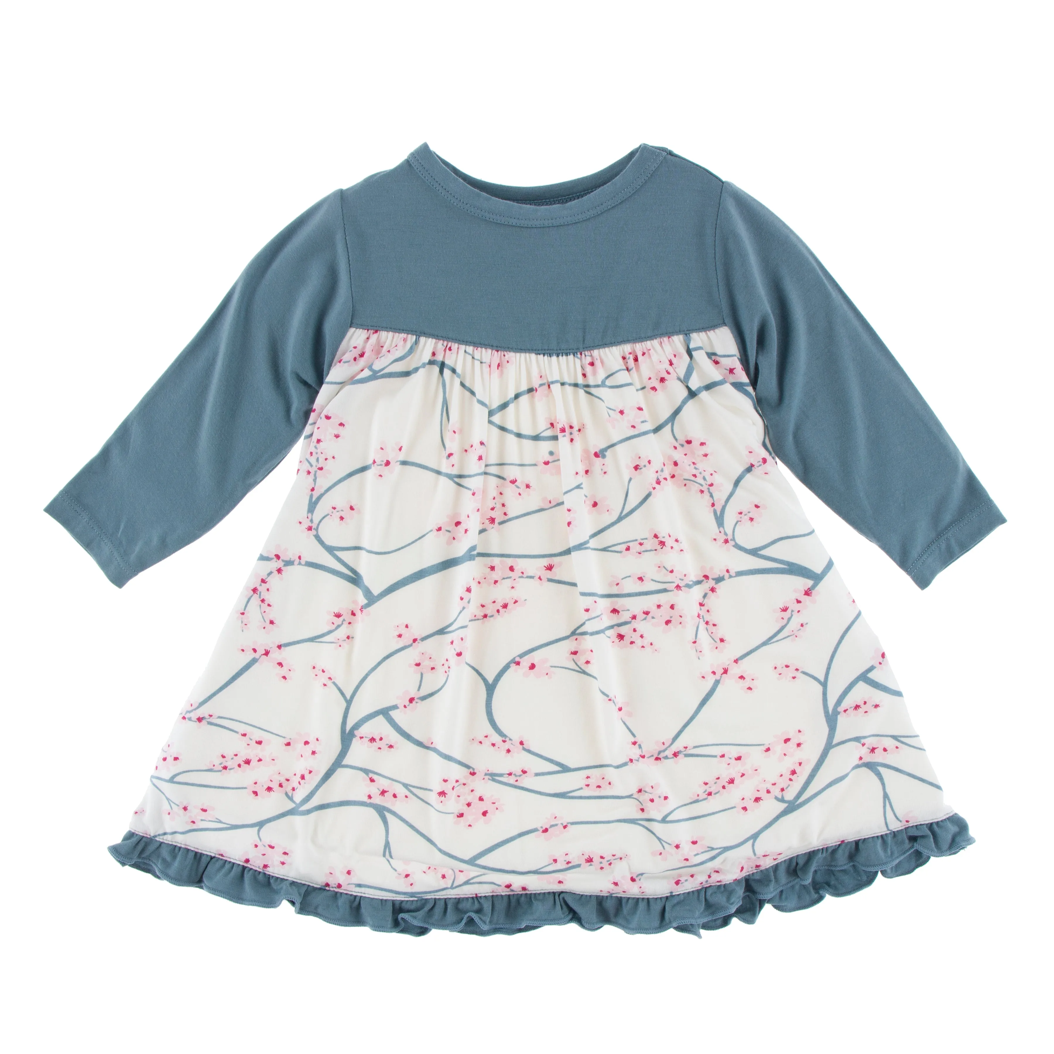 KicKee Pants Print Classic Long Sleeve Swing Dress - Natural Japanese Cherry Tree