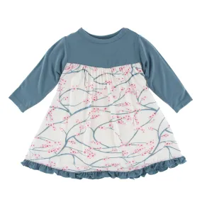 KicKee Pants Print Classic Long Sleeve Swing Dress - Natural Japanese Cherry Tree