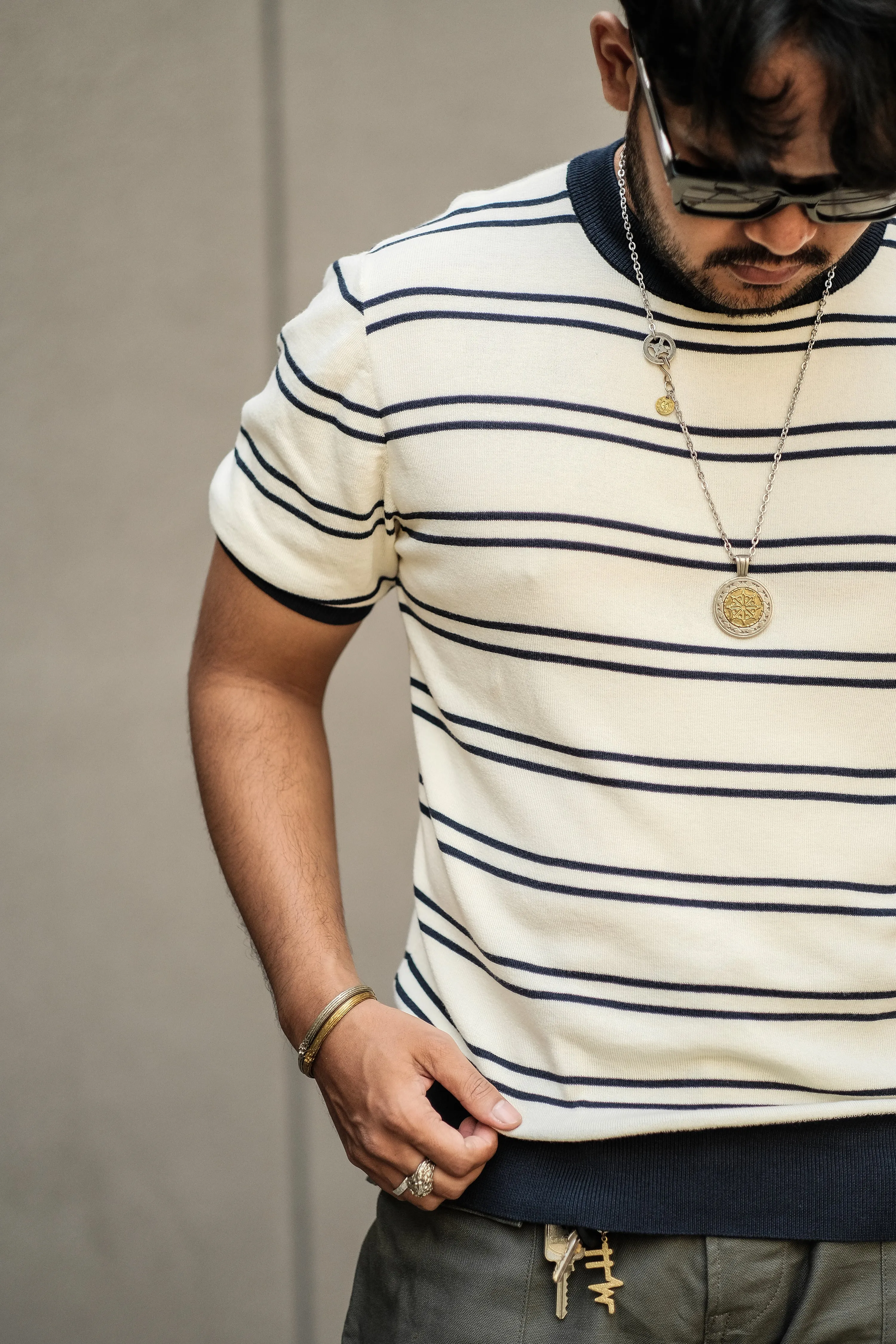 Knitted T-shirt - White Navy Nautical Stripes