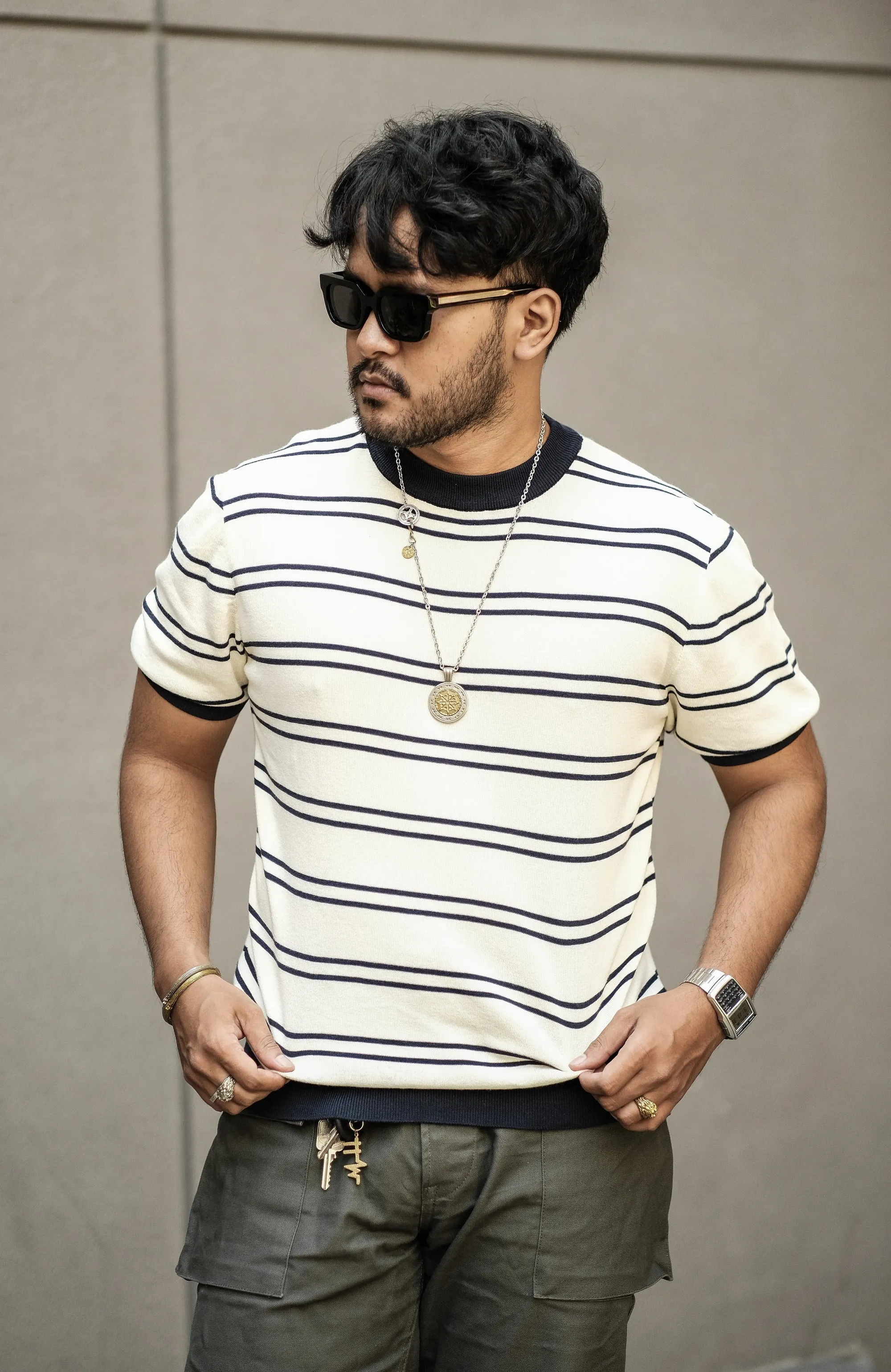 Knitted T-shirt - White Navy Nautical Stripes