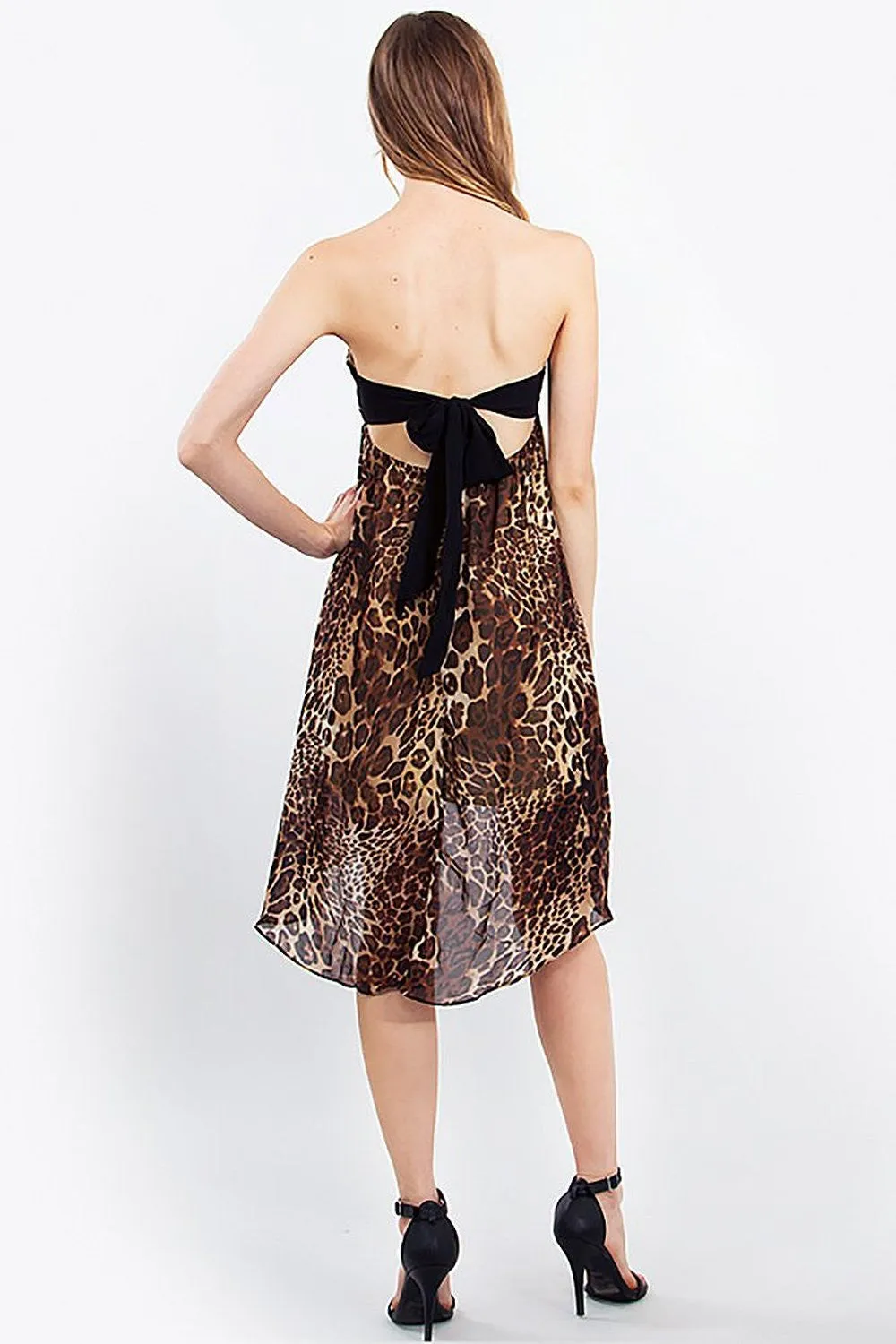 Leopard Chiffon Strapless High Low Womens Sheer Dress