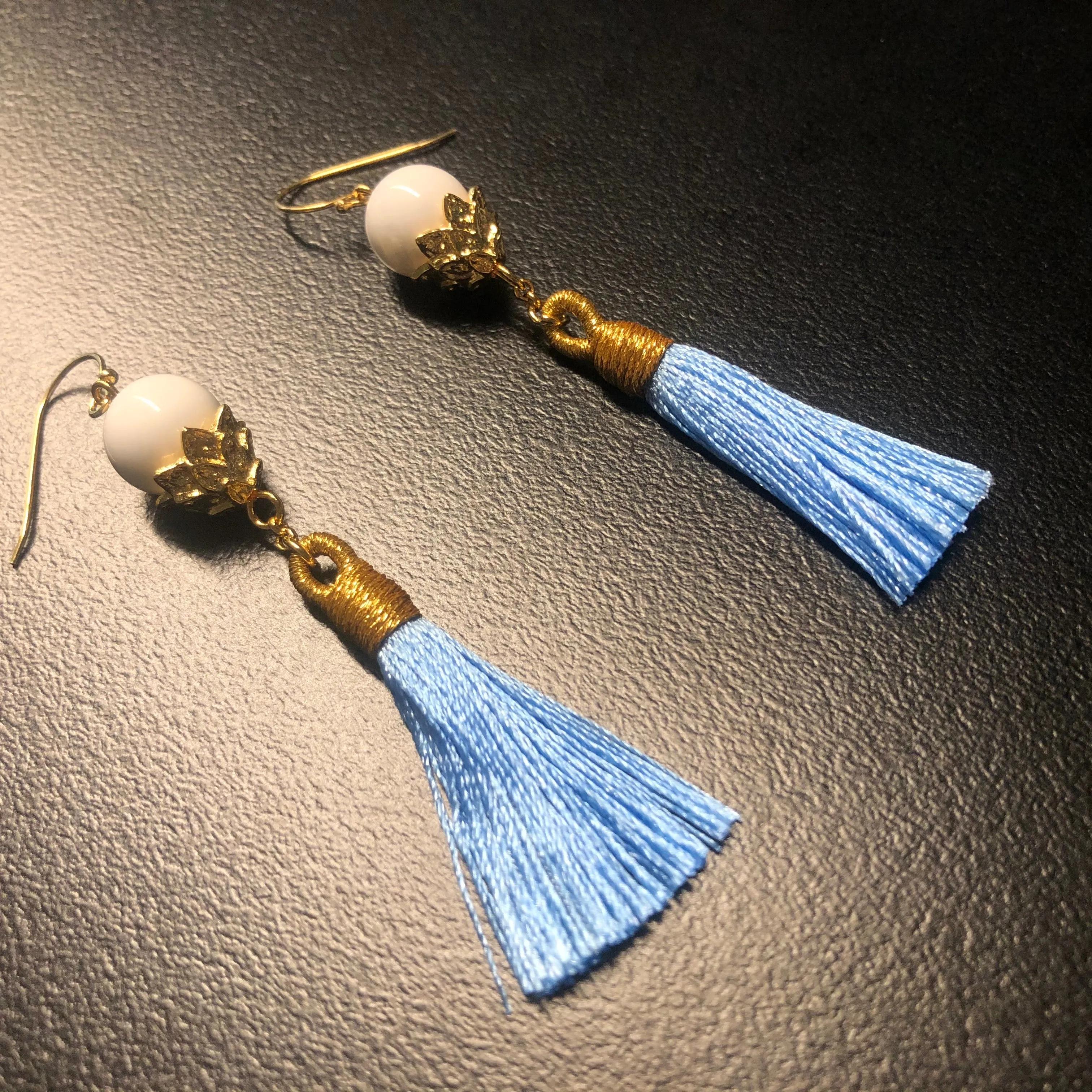 Little Lotus Silk Tassel Earrings - Sky Blue
