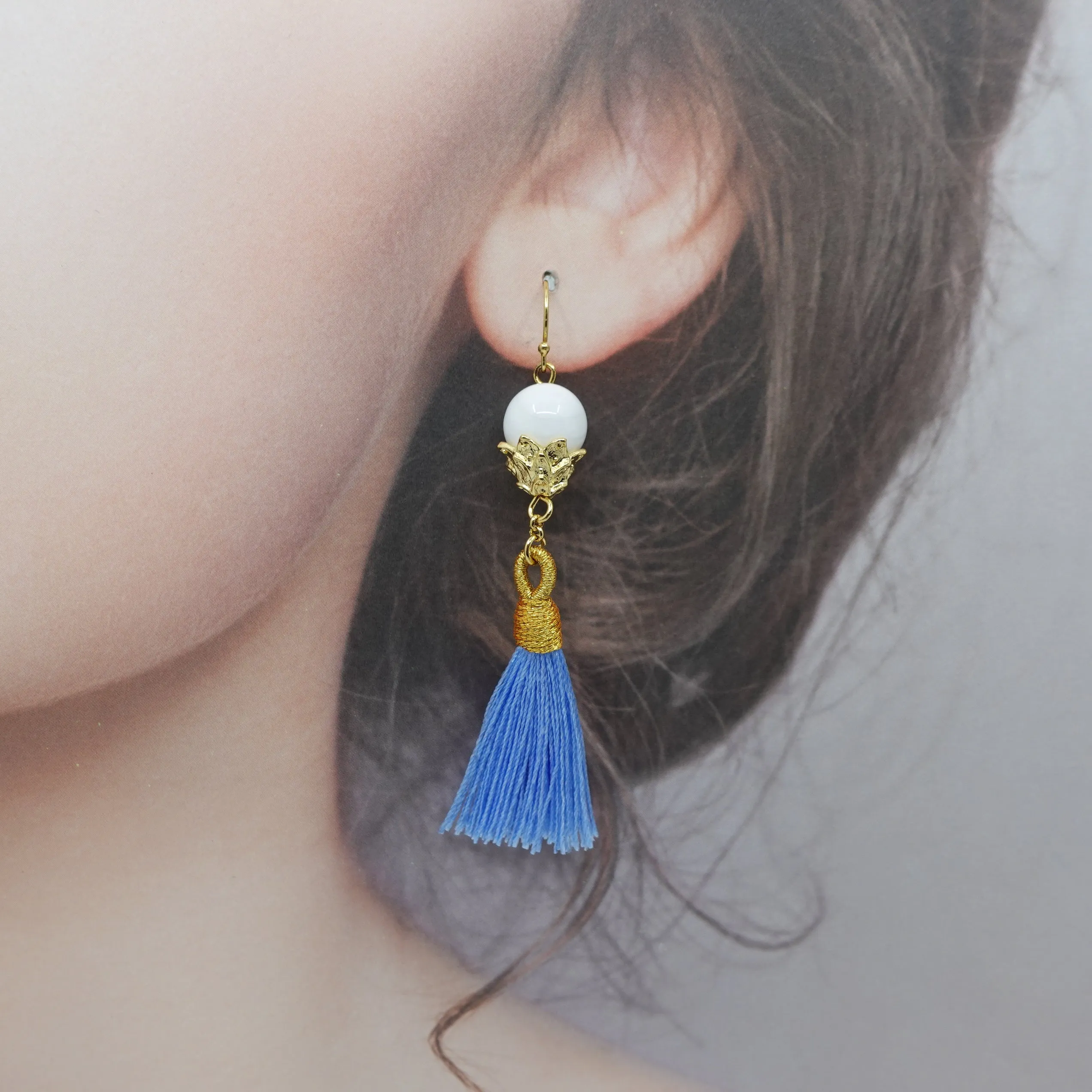 Little Lotus Silk Tassel Earrings - Sky Blue