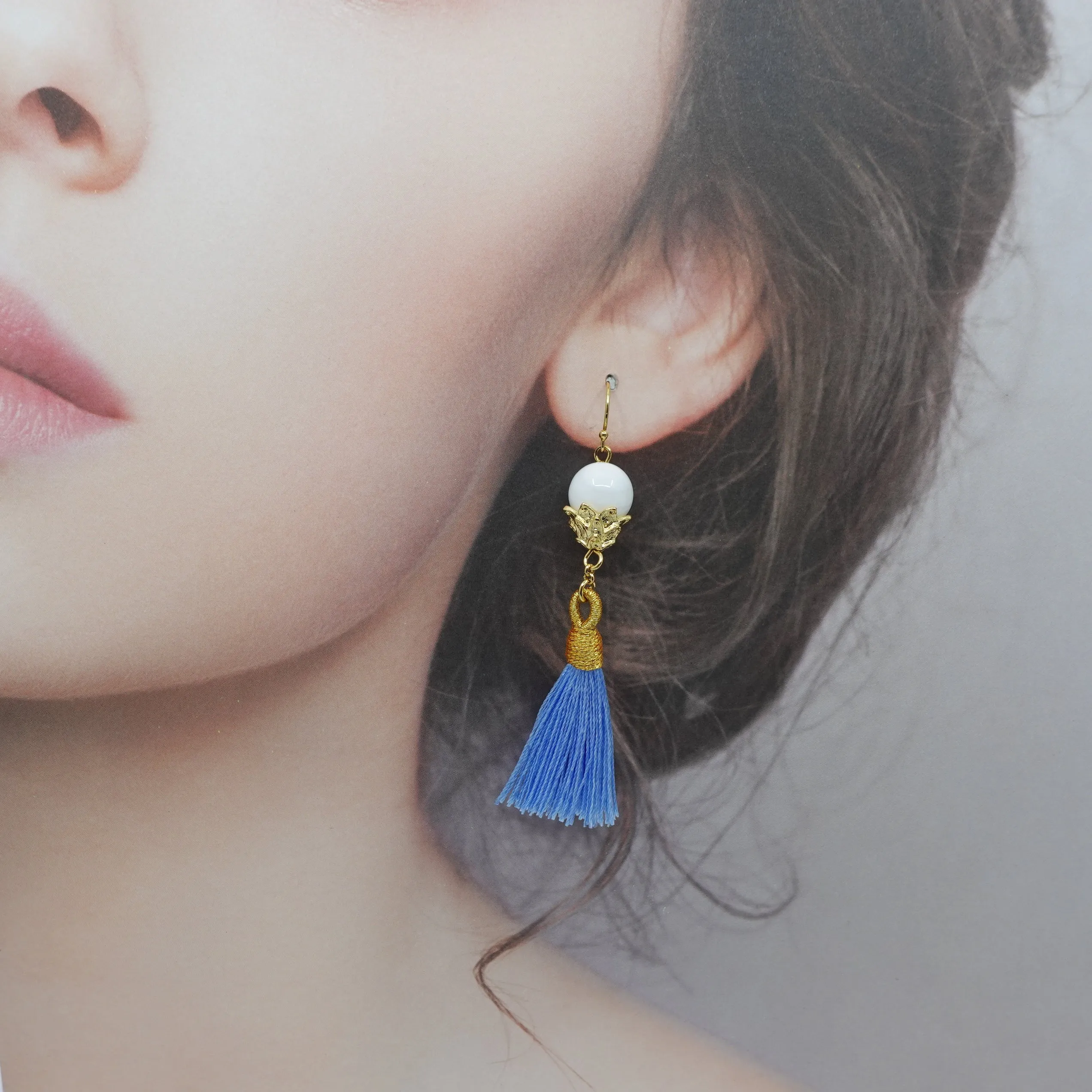 Little Lotus Silk Tassel Earrings - Sky Blue