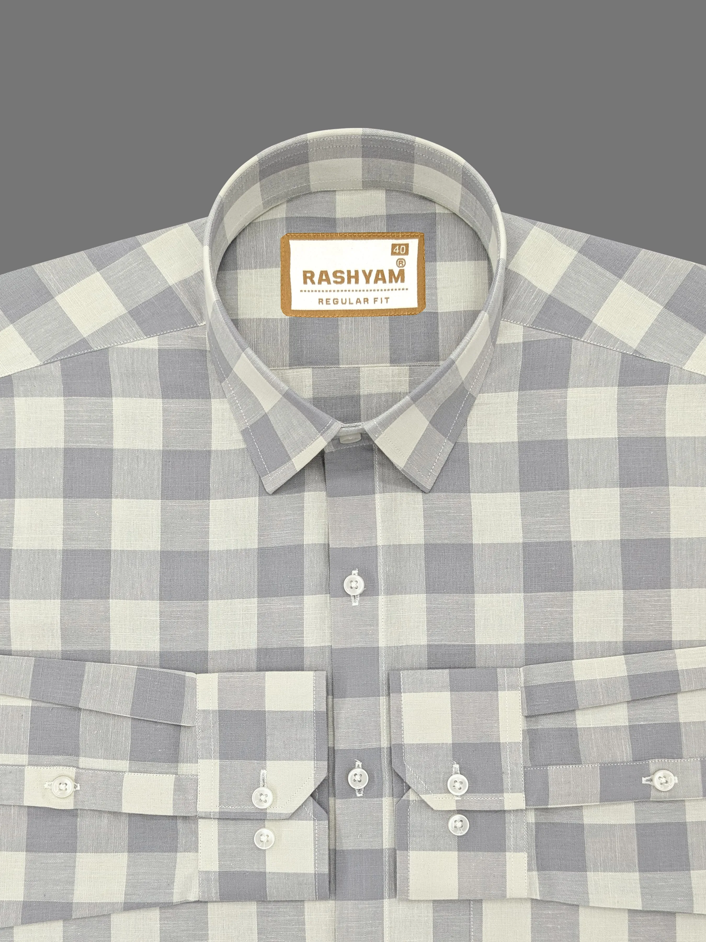 Luxurious Italian Linen Cotton Grey With Cream Checks Formal Shirt