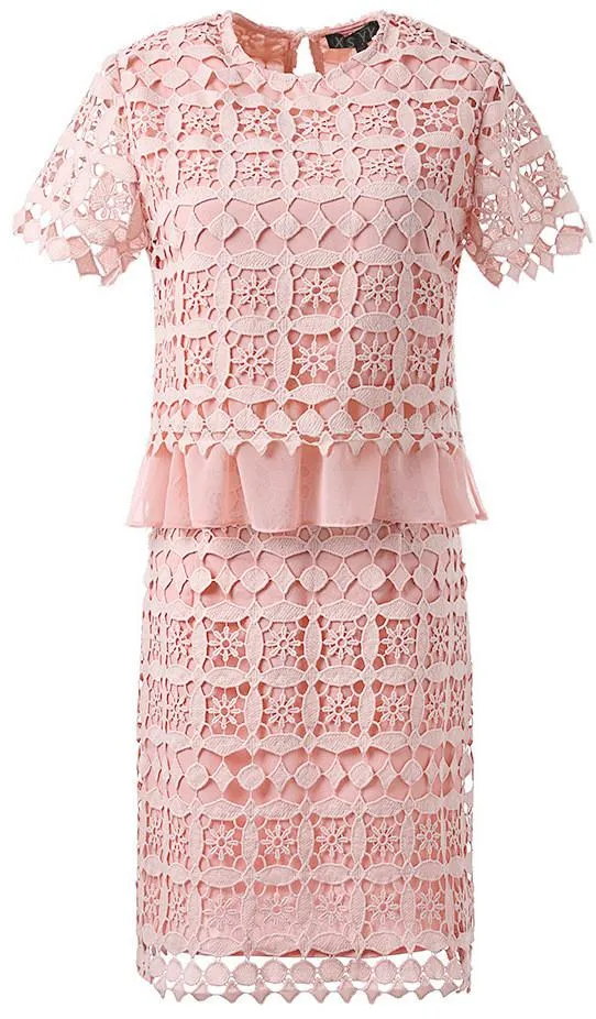Macrame Frill-Hem Top & Skirt Set, Pink