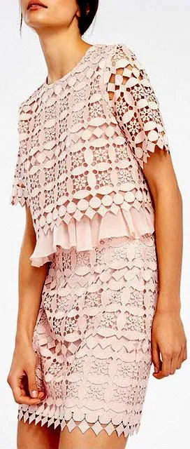 Macrame Frill-Hem Top & Skirt Set, Pink