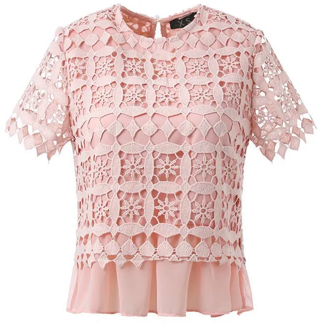 Macrame Frill-Hem Top & Skirt Set, Pink