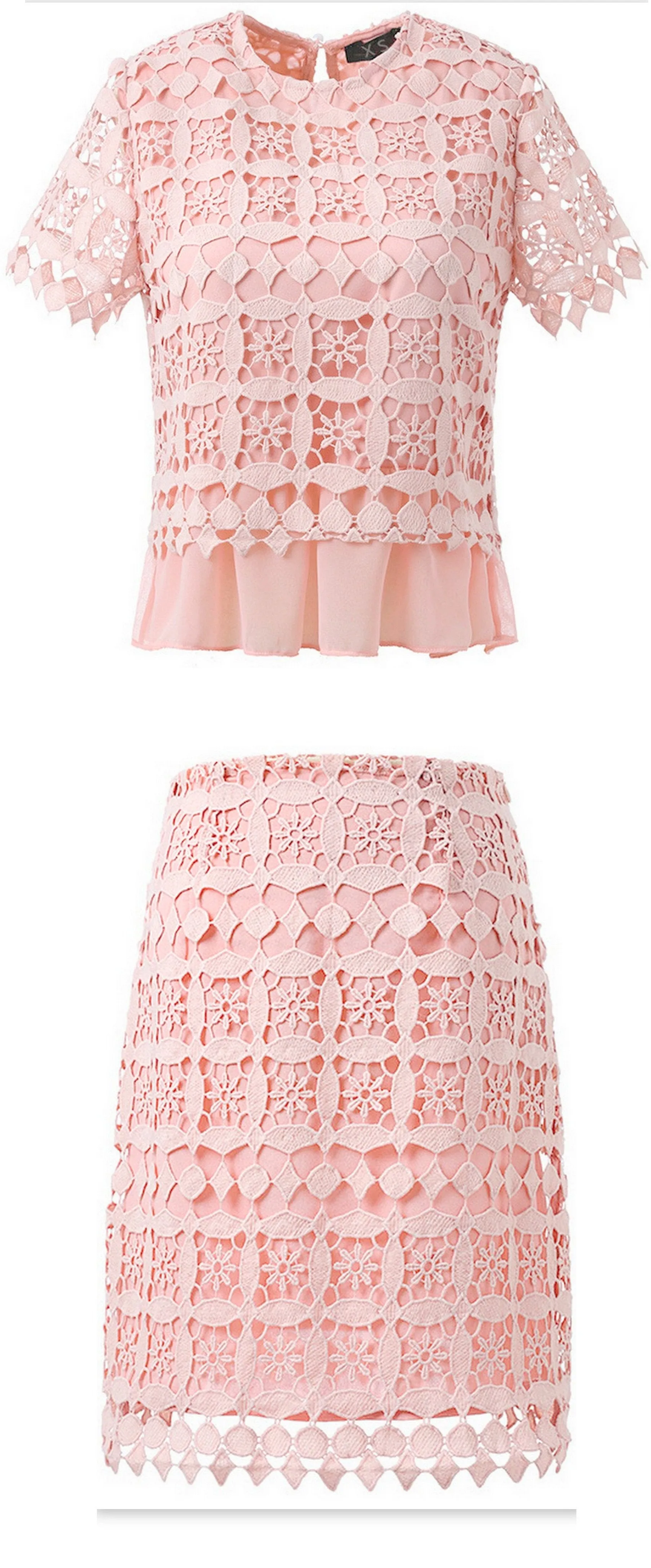 Macrame Frill-Hem Top & Skirt Set, Pink