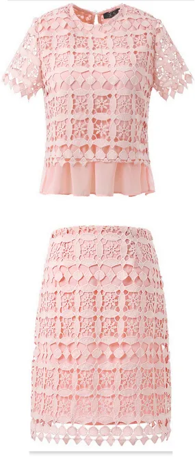 Macrame Frill-Hem Top & Skirt Set, Pink