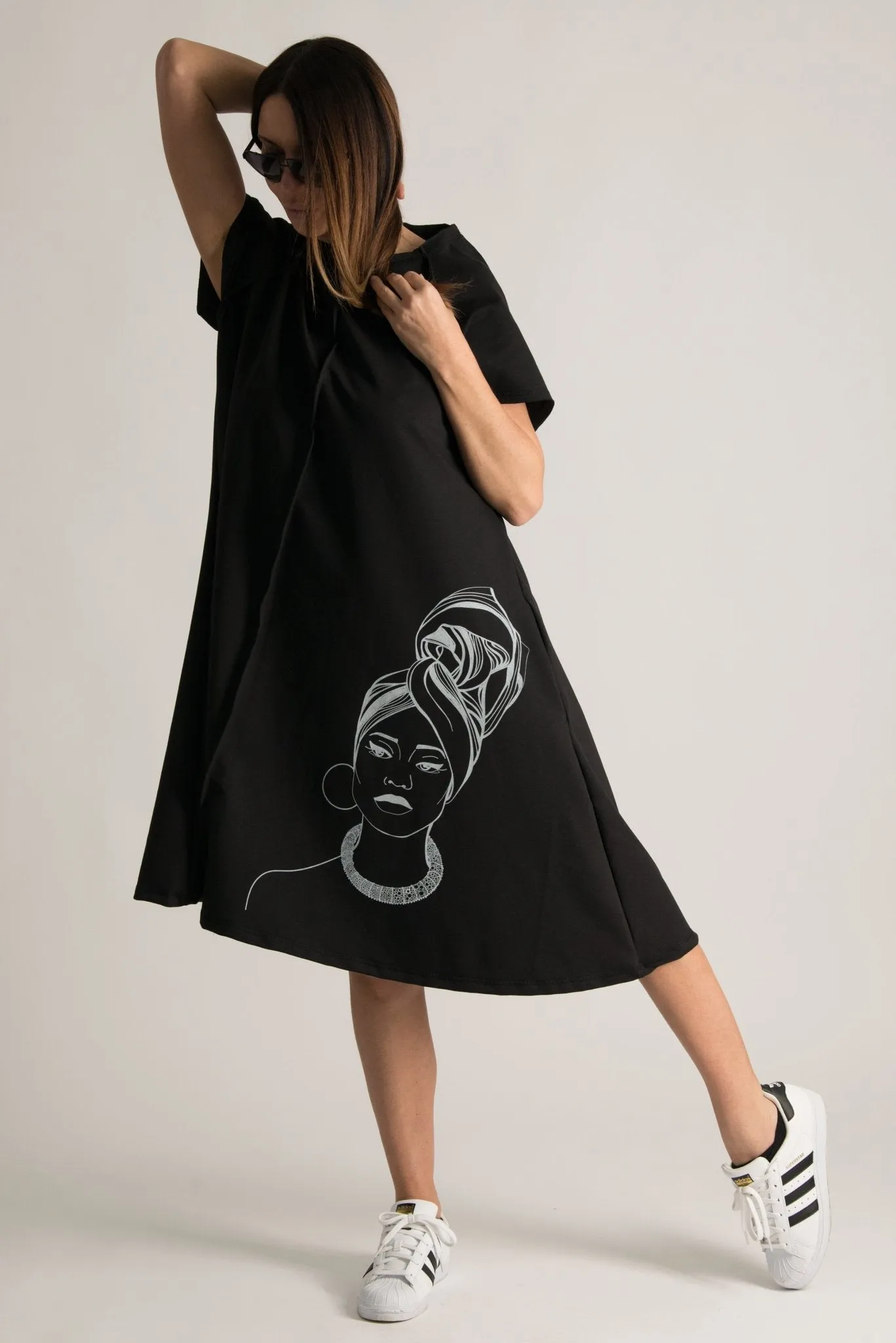 MELISA Midi Black African Woman Print Dress