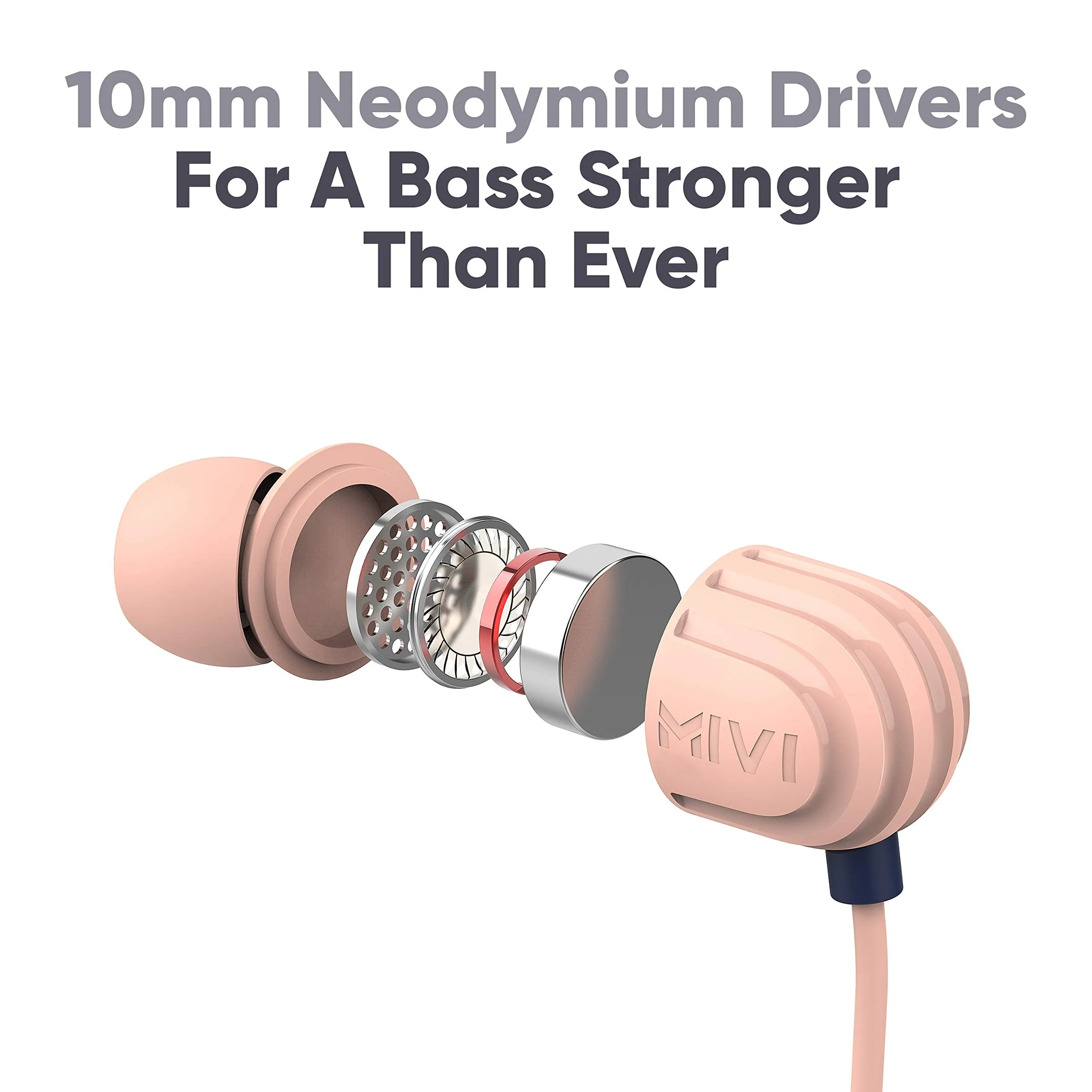Mivi Rock and Roll E5 Wired In Ear Earphones with HD Sound and Extra Powerful Bass with Mic, Tangle Free & Extra Length Cable | Earphones for Mobile | Beige