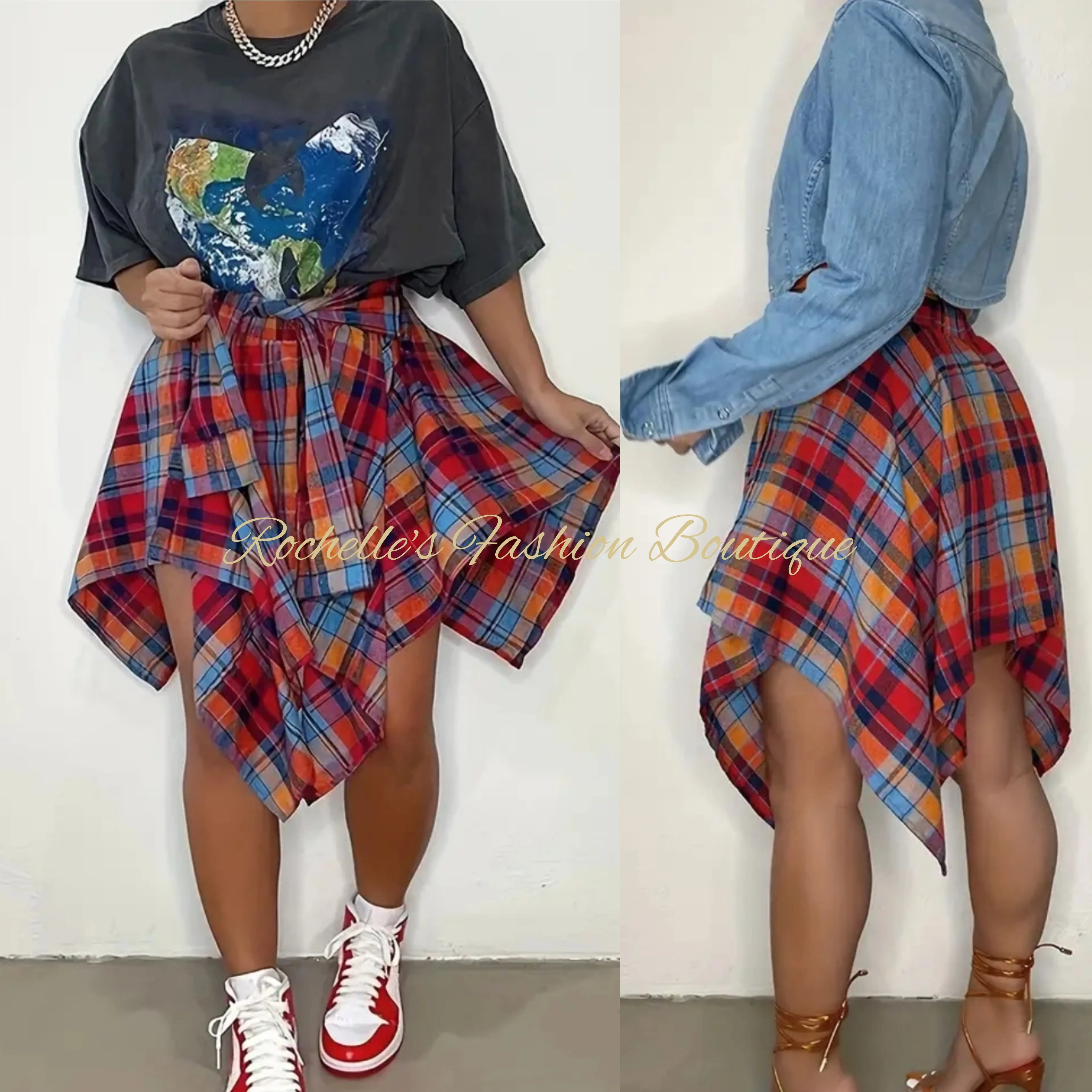 Muliti Burgundy Plaid Front Tie Skirt