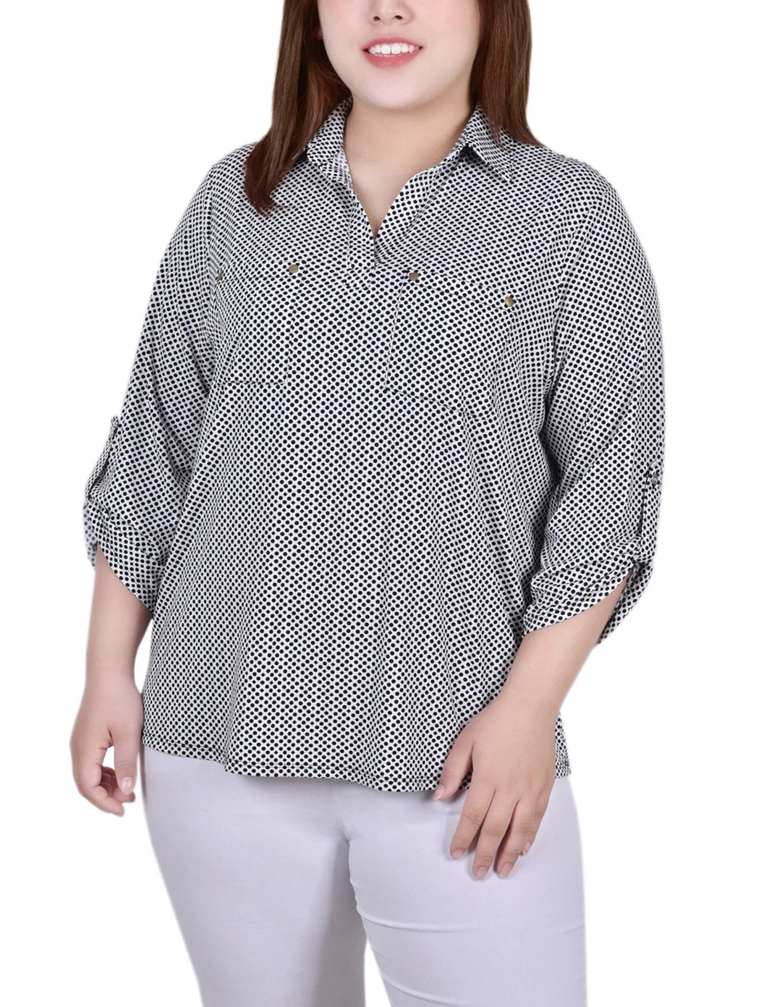 Night Particle 3/4 Roll Tab Sleeve Studded Y Neck Top - Plus
