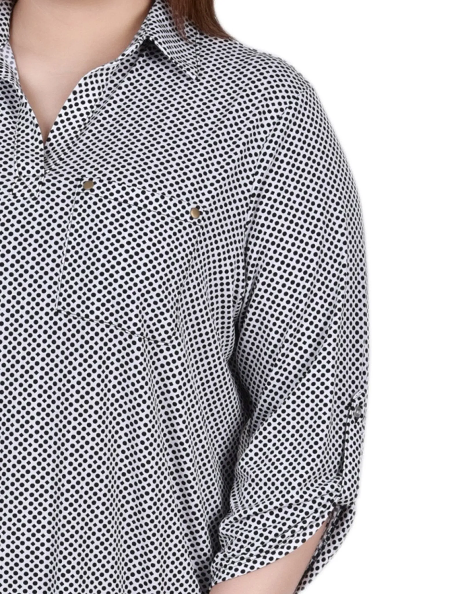 Night Particle 3/4 Roll Tab Sleeve Studded Y Neck Top - Plus