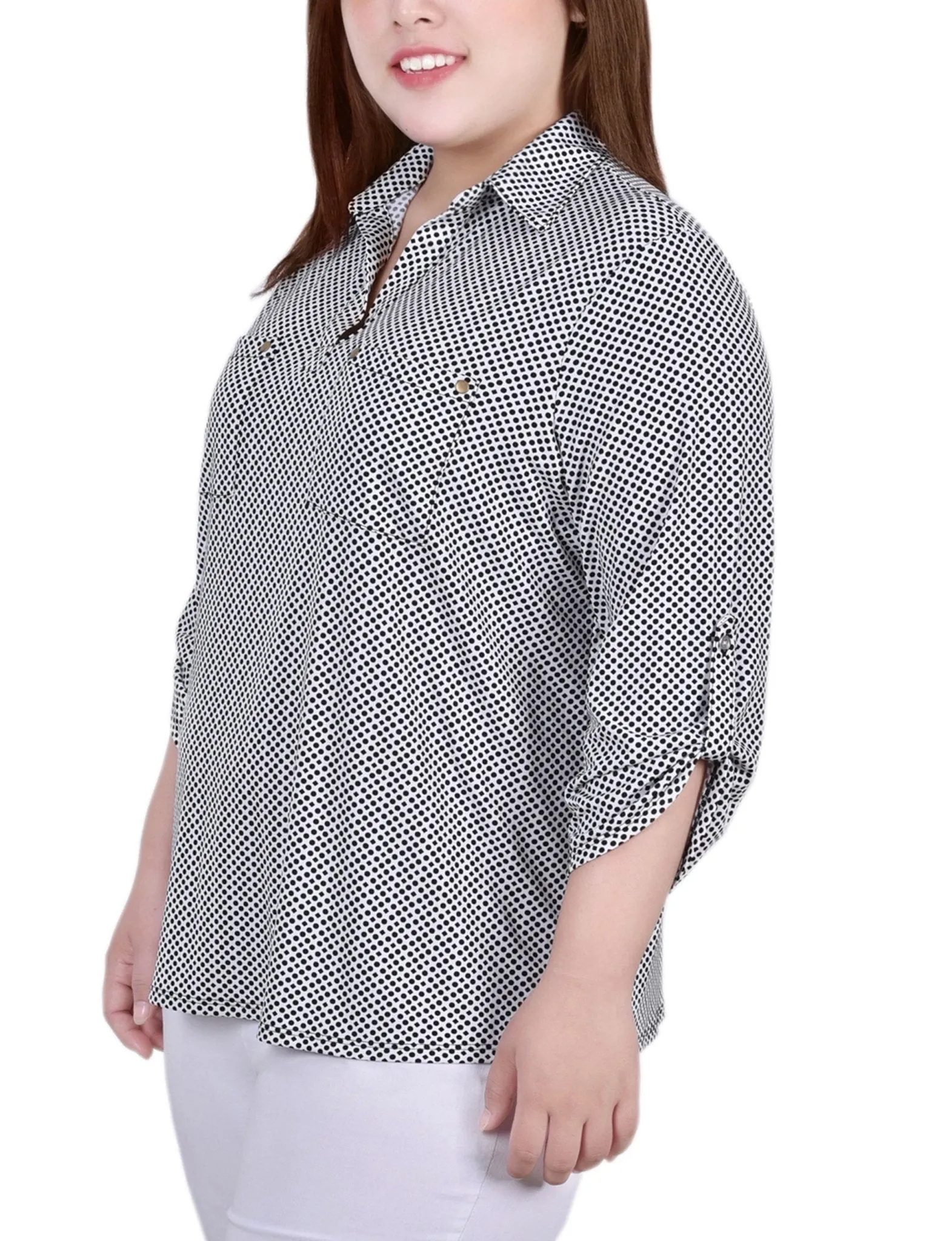 Night Particle 3/4 Roll Tab Sleeve Studded Y Neck Top - Plus