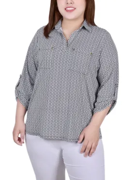 Night Particle 3/4 Roll Tab Sleeve Studded Y Neck Top - Plus
