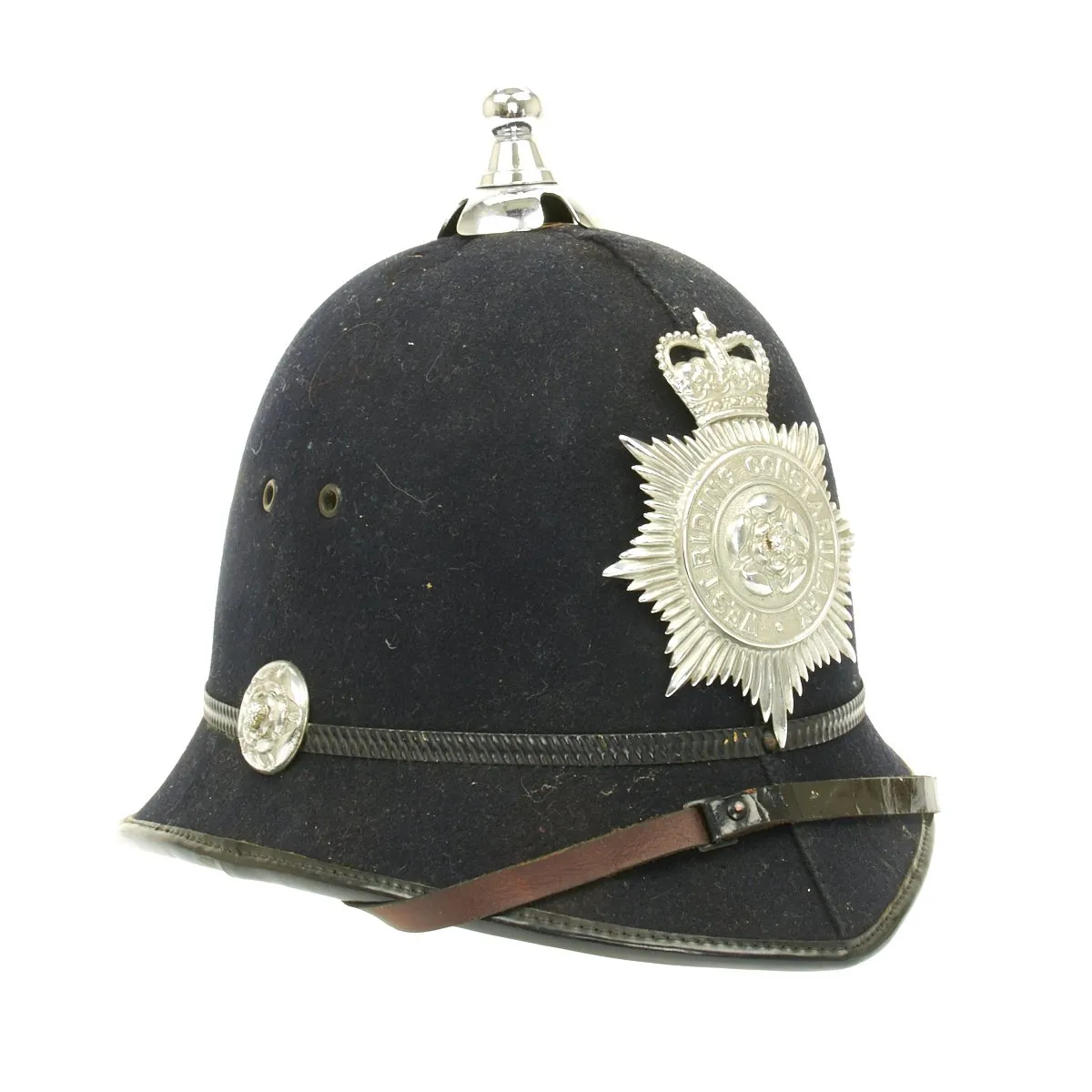 Original British Bobby Police Helmet with Rare Ball Top from West Riding Constabulary