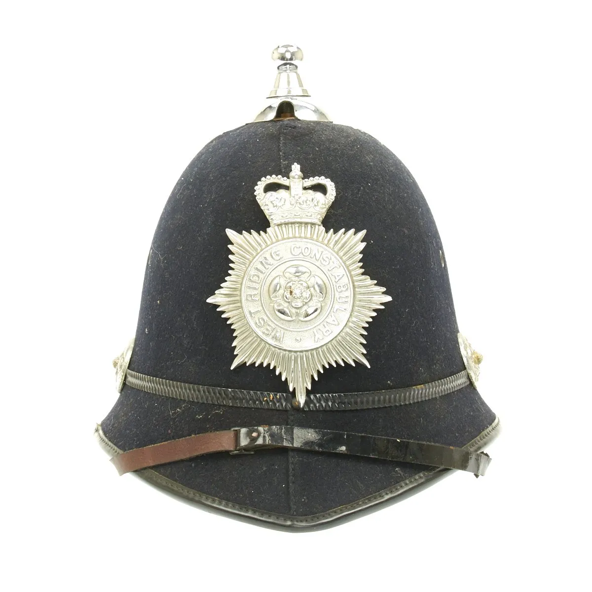 Original British Bobby Police Helmet with Rare Ball Top from West Riding Constabulary