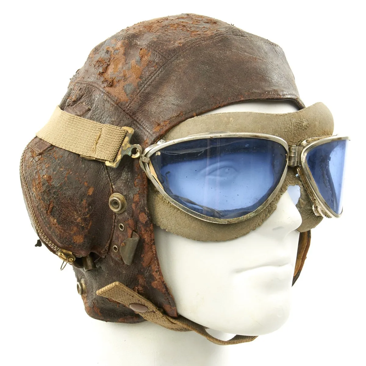Original British WWII 2nd Pattern Royal Navy Fleet Air Arm Fighter Pilot Type C Leather Flying Helmet With Gosport Tubes and Blue Tint Goggles